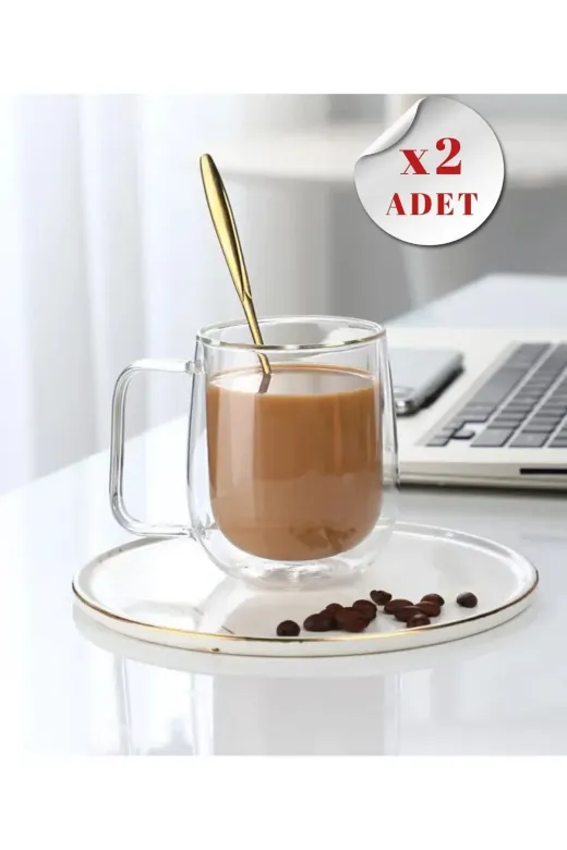 HubbyChef 22YNCDRL350ML Çift Camlı Çift Cidarlı Cam Kupa 350Ml Ev Ofis Fincanı Çift Camlı Kulplu Bardak 2Li