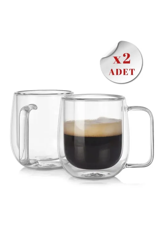 HubbyChef 22YNCDRL350ML Çift Camlı Çift Cidarlı Cam Kupa 350Ml Ev Ofis Fincanı Çift Camlı Kulplu Bardak 2Li
