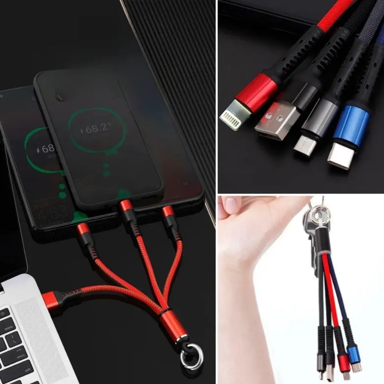 Işıklı Anahtarlık Model 3 in 1 USB Çıkışlı MİKRO,TYPE-C ve İphone Uyumlu Şarj Kablosu (4745)