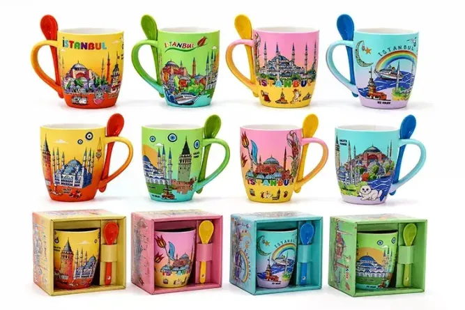 İstanbul Temalı Kaşıklı Porselen Kupa Bardak Alk5831