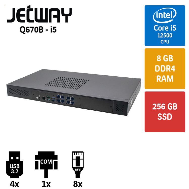 Jetway 1U Q670B i5 12400 8GB 256GB M2SSD 8 Port Endüstriyel Firewall Pc