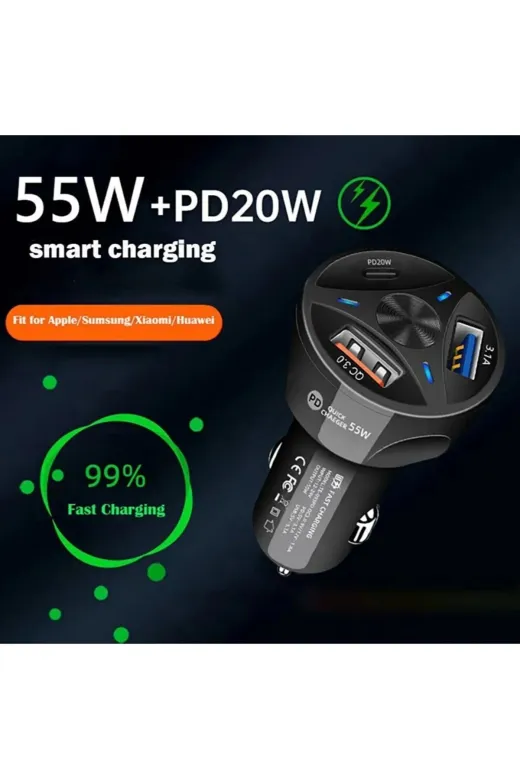 JUNGLEE RZ-008 Araç Çakmaklık Şarjı 2 Usb + 20W Pd Şarj Çıkışlı Hızlı Şarj Destekli 55W Qc 3.0