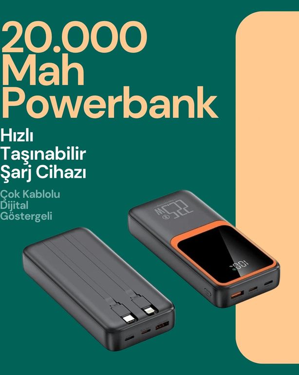 just cheap store 25DYMUCZZZ20.000POWERHIZLI1-2 Taşınabilir Şarj Cihazı 20000 Mah 22.5W Hızlı Şarj + Dijital Ekran + Kablo Dahil Antrasit Melanj