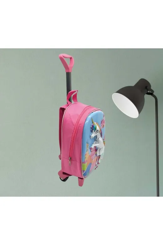 Kız Çocuk Anaokulu Çantası Unicorn Pony At 5D Baskılı Çekçekli Tekerli 3-6 Yaş Okul Sırt Çantası