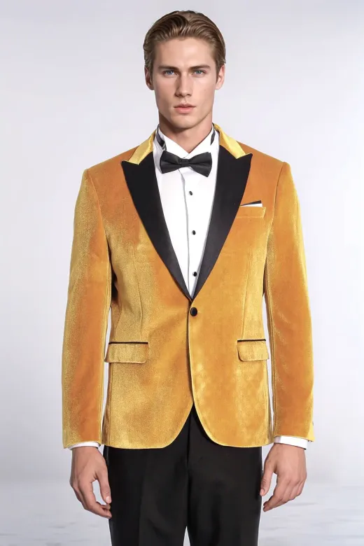 Kadife Slim Fit Sarı Erkek Smokin Ceket - Wessi