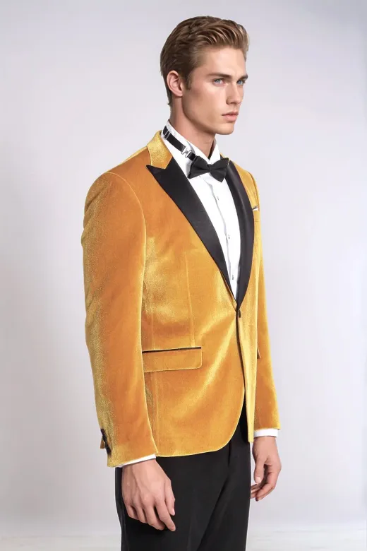 Kadife Slim Fit Sarı Erkek Smokin Ceket - Wessi