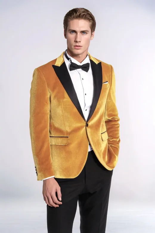 Kadife Slim Fit Sarı Erkek Smokin Ceket - Wessi