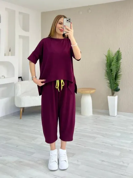 Kadın Kısa Kollu Bisiklet Yaka Viskon Iki Iplik Bluz Ve Pantolon Ikili Takım