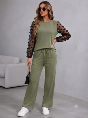 Kadın Uzun Kollu Bisiklet Yakalı Kolları Tullu Viskon Iki Iplik Bluz Ve Pantolon Ikili Takım - L-XL - Haki