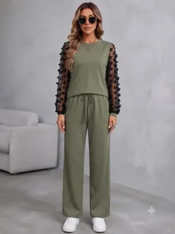 Kadın Uzun Kollu Bisiklet Yakalı Kolları Tullu Viskon Iki Iplik Bluz Ve Pantolon Ikili Takım - L-XL - Haki