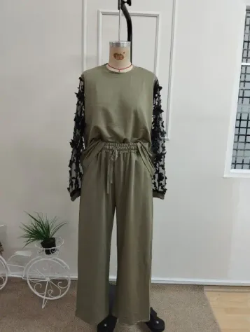 Kadın Uzun Kollu Bisiklet Yakalı Kolları Tullu Viskon Iki Iplik Bluz Ve Pantolon Ikili Takım - L-XL - Haki