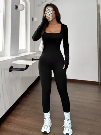 Kadın Uzun Kollu Kare Yakalı Parmaktan Geçmeli Uzun şardonlu Dalgıç Tulum - 3XL - Siyah