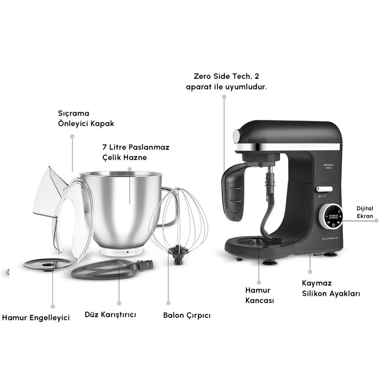 Karaca fıjıffbf Mastermaid Chef Ultra D2000W Dijital Ekranlı Hamur Yoğurma Makinesi Matte Black 7L