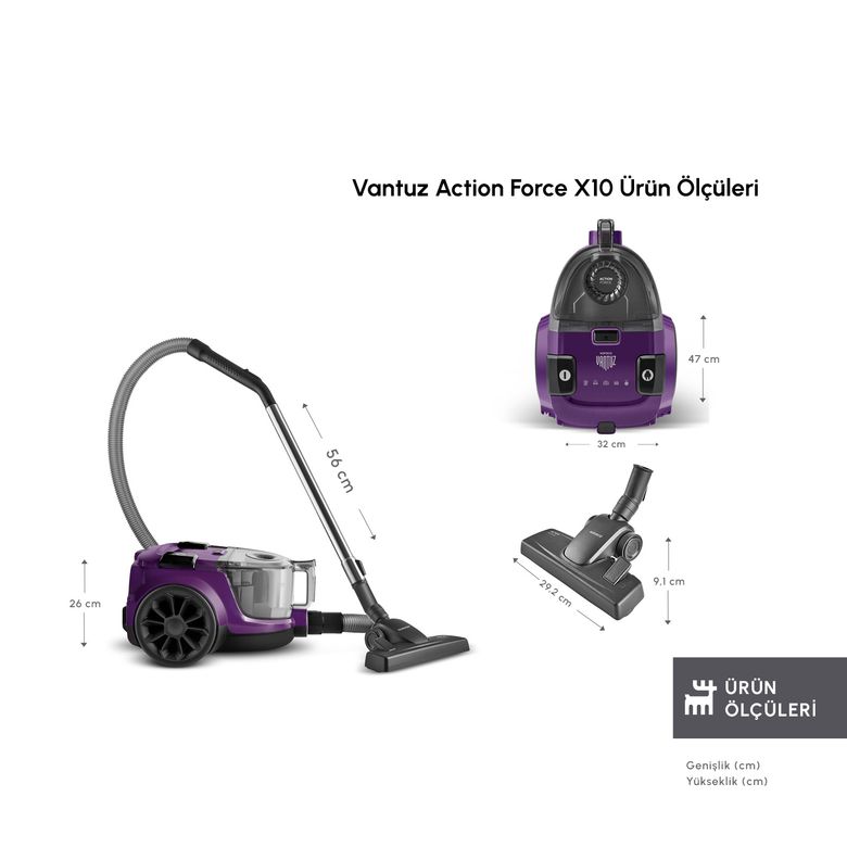 Karaca ghjggcch Vantuz Action Force X10 2 Lt Toz Torbasız Hazneli Elektrikli Süpürge Royal Purple 899 W