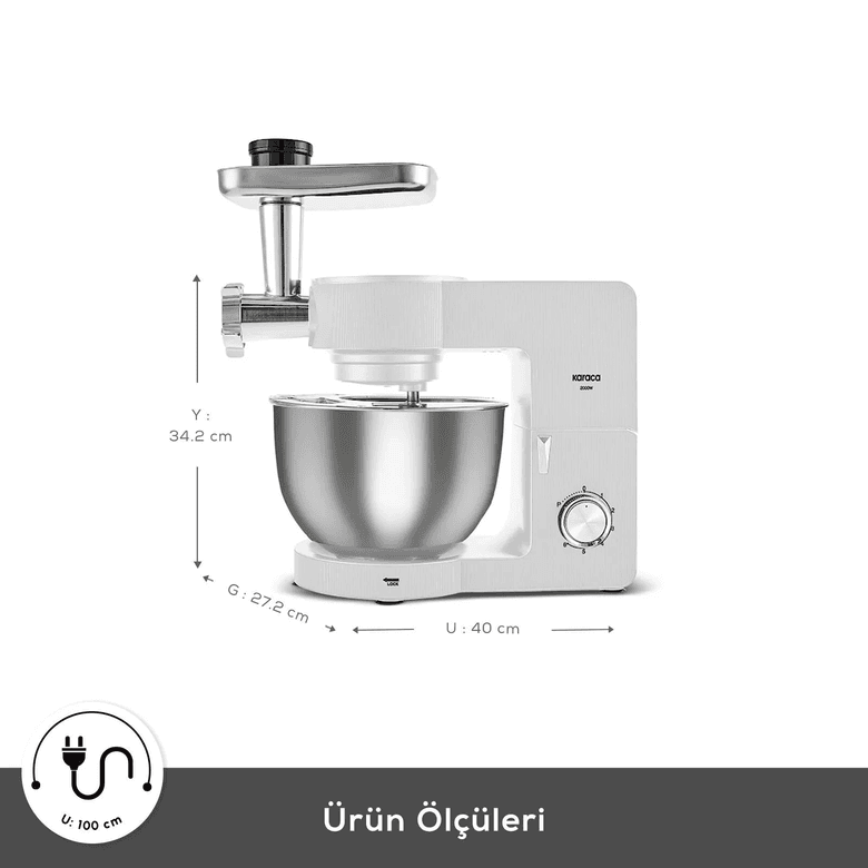 Karaca IOJJIORTHGF Multichef Ultra Kıyma Çekme/sucuk-Sosis/içli Köfte Aparatlı Hamur Yoğurma Makinesi Porcelain White 2000W 7L