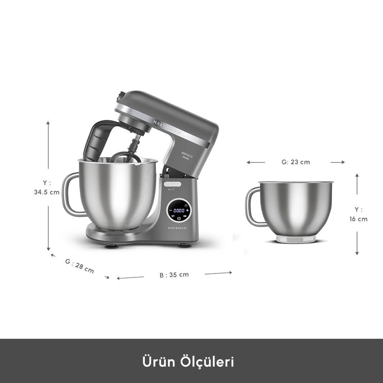 Karaca refyhghg Mastermaid Chef Ultra D2000W Dijital Ekranlı Hamur Yoğurma Makinesi Galaxy Grey 7L