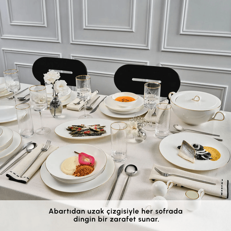 Karaca rggfcfhdgfgh Fine Pearl Extra Chanak 55 Parça 12 Kişilik Yemek Takımı Gold