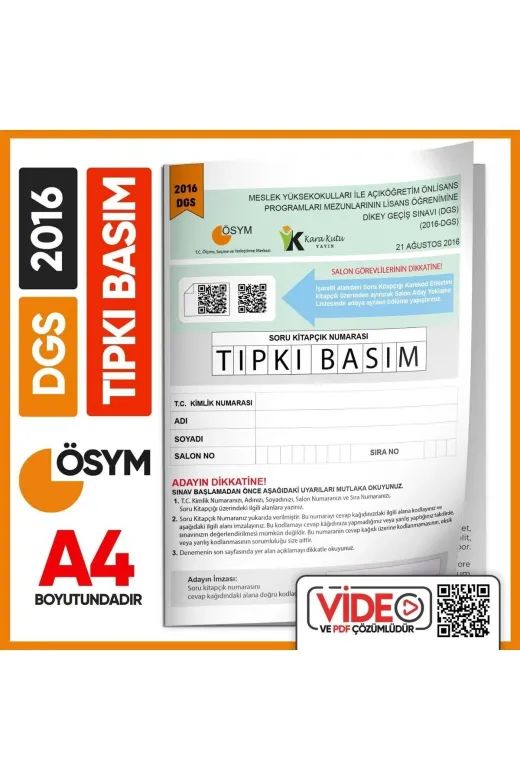 Karakutu Yayınları DGSTIPKI2016 Dgs 2016 Ösym Tıpkı Basım Çıkmış Soru Deneme Kitapçığı Yeni Baskı Türkiye Geneli Dijital Çözümlü