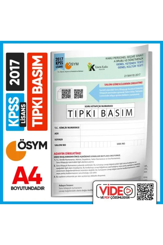 Karakutu Yayınları KPSSLISANSTIPKI2017 2017 Kpss Lisans Gy-Gk Ösym Çıkmış Soru Tıpkı Basım Türkiye Geneli D.çözümlü Deneme Sınavı Kitapçığı
