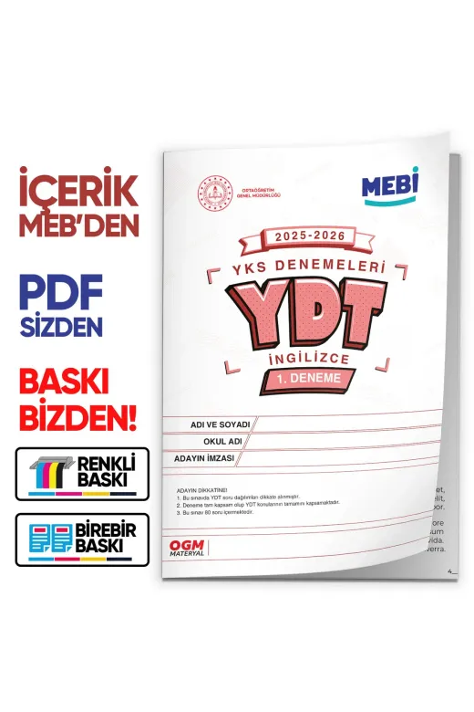 Karakutu Yayınları MEBİONLİNEYDT1dnm 2026 Ösym Yks-Ydt Mebi Ogm Türkiye Geneli 1. Deneme Büyük Boy Renkli Baski Ücreti