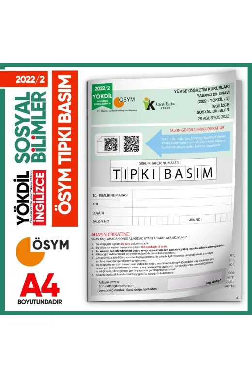 Karakutu Yayınları YOKDILingSOSYAL2022/2 2022/2 Yökdil İngilizce Sosyal Bilimler Ösym Çıkmış Soru Tıpkı Basım Deneme Kitapçığı Türkiye Geneli