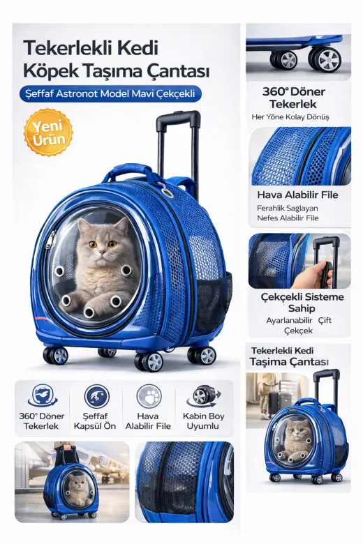 karamelpet KP-FLLVLZ-JMMV X Large Fileli Tekerlekli Kedi Köpek Taşıma Çantası 45 X 50 X 27 Cm Mavi 15 Kg