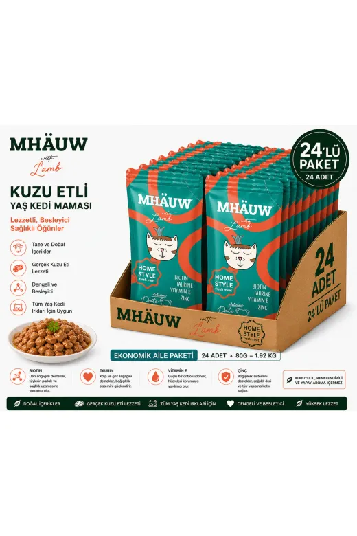 karamelpet ST00044-24 Mhauw Kuzu Etli Kıyılmış Pouch Yetişkin Kedi Konservesi 80 Gr 24'lüpaket
