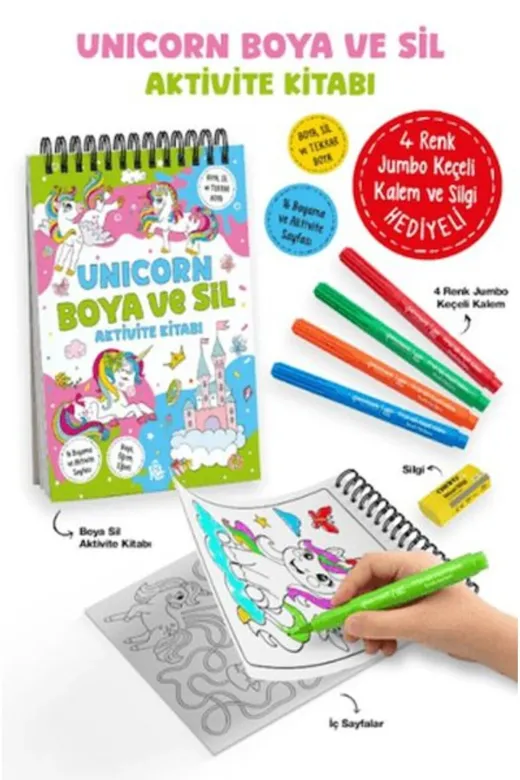 Karatay Yayınları SDKT-9786259499031 Unicorn Boya Ve Sil Aktivite Kitabı 3 Yaş