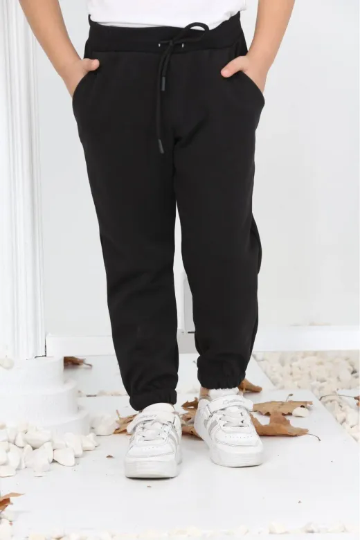 KARB 2LILCVRTSYH Unisex Çift Cepli Organik Pamuklu Kumaş Jogger  Siyah-Lacivert Çocuk Eşofman Altı
