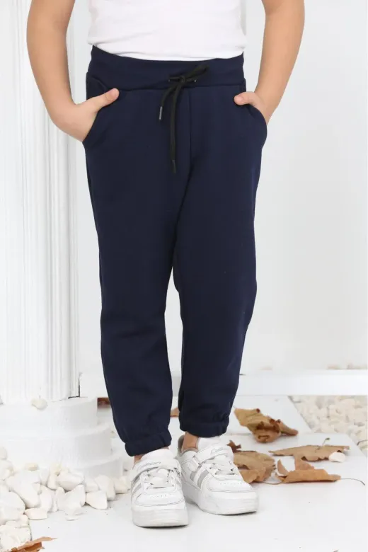 KARB 2LILCVRTSYH Unisex Çift Cepli Organik Pamuklu Kumaş Jogger  Siyah-Lacivert Çocuk Eşofman Altı