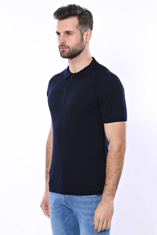 Kendinden Desenli Örme Bisiklet Yaka Lacivert Erkek T-shirt - Wessi