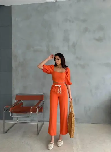 KETEN CROP KARPUZ KOL BLUZ-PANTOLON HASIR KEMERLİ - Orange - S - Orange