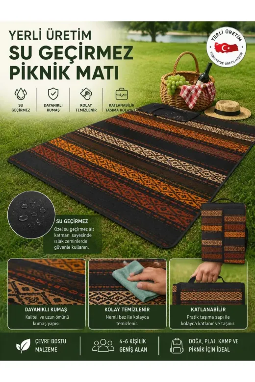 Kilimce yerli kilim001 Yerli Üretim Su Geçirmez Piknik Mati Yikanabilir