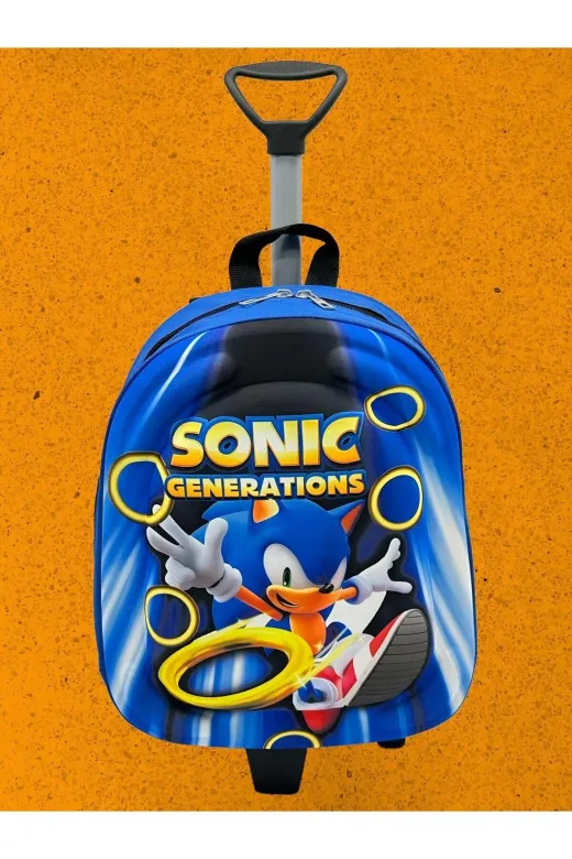 Kirpi Sonic Anaokulu Kreş Çekçekli 3D Baskılı Tekerli Seyahat Valizi Sırt Ve Okul Çantası