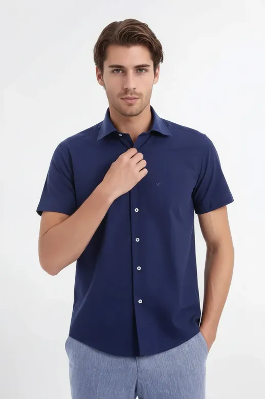 Kısa Kollu Terikoton Slim Fit Lacivert Erkek Gömlek - Wessi - M / Lacivert