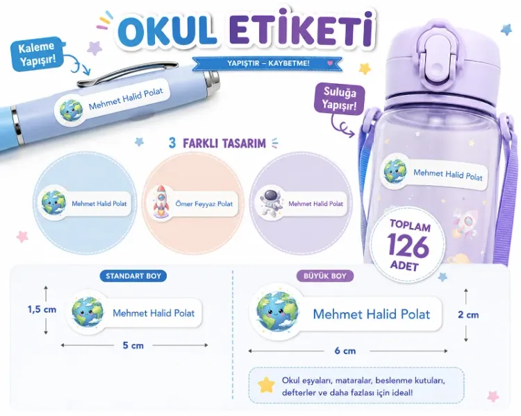 Kişiye Özel Pastel Mat Renkli Okul Etiketi Seti - Gezegen ve Uzay Serisi Isim Etiketi (Kalem, Defter)