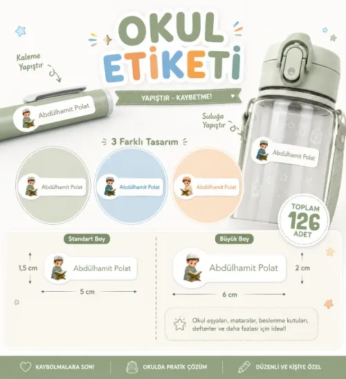 Kişiye Özel Pastel Mat Renkli Okul Etiketi Seti - Islami Erkek Serisi Isim Etiketi (Kalem, Defter)