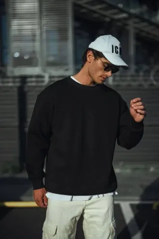 Kışlık Bisiklet Yaka Üç İplik Basic SweatShirt - Siyah - S - Siyah