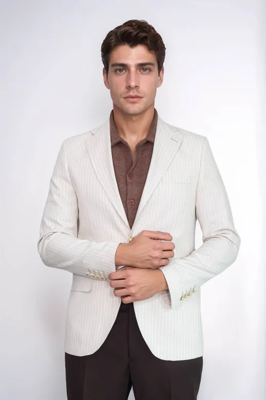 Krem Çizgili Keten Dokulu Gold Renk Metal Düğmeli Slim Fit Erkek Blazer Ceket – Wessi