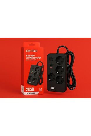 KTR TECH 5648645641 Termal Akım Korumalı 2 Metre 4 Priz 2 Usb 1 Type-C Girişli 2.4A Kablolu Dörtlü Priz