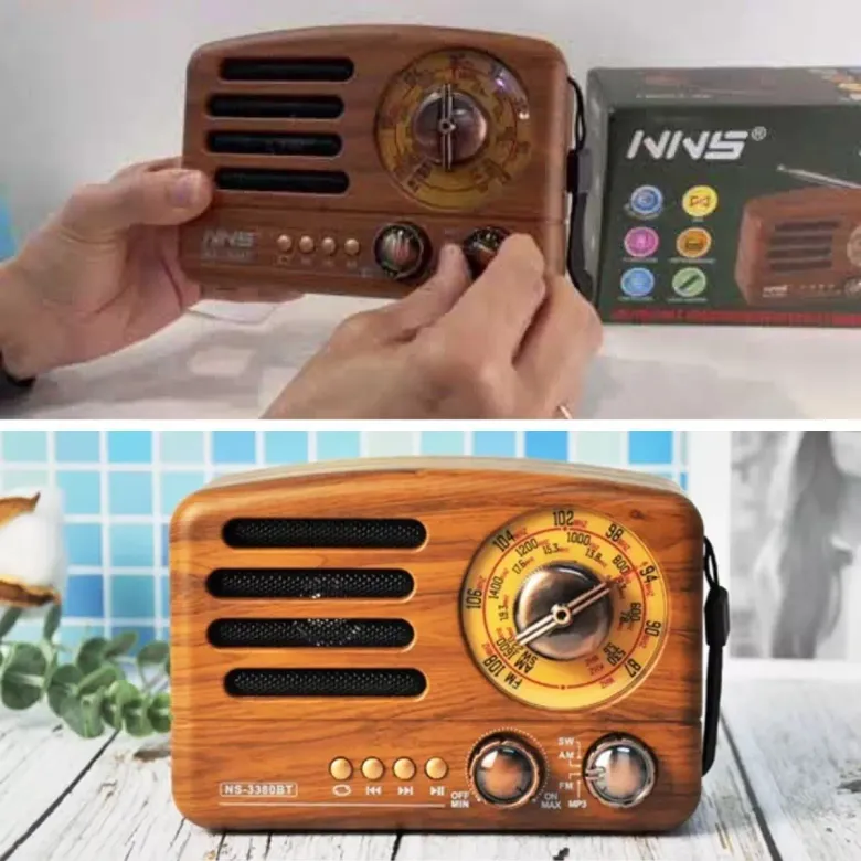 Küçük Boy Retro, Nostaljik, Ahşap Tasarım Bluetooth Hoparlörlü, Şarjlı, Taşınabilir Büyük Döndürülebilen Düğmeli FM/AM Destekli Radyo NS3380 (4745)