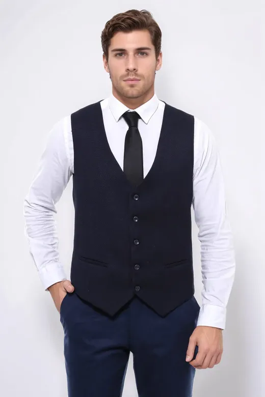 Lacivert Düz Slim Fit Yelek - Wessi