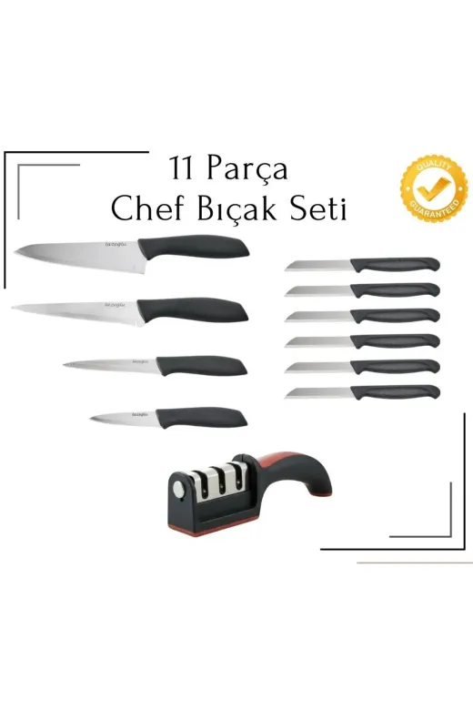 Lazoğlu CR-1826 11 Parça Profesyonel Chef Bıçak Seti + Bıçak Bileme Aparatı | Paslanmaz Çelik, Ergonomik Sap