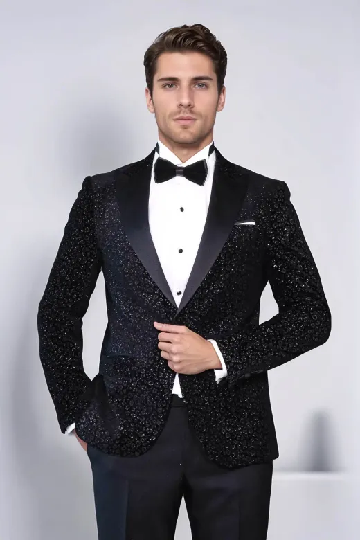 Leopar Desenli Slim Fit Siyah Erkek Smokin Ceket - Wessi