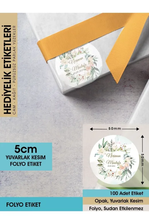 Letbil Reklam ETK00049-5 Suluboya Çiçek Modeli 2, Etiket Modeli Ürünlerinize Özel 5Cm - 100 Adet Folyo Sticker