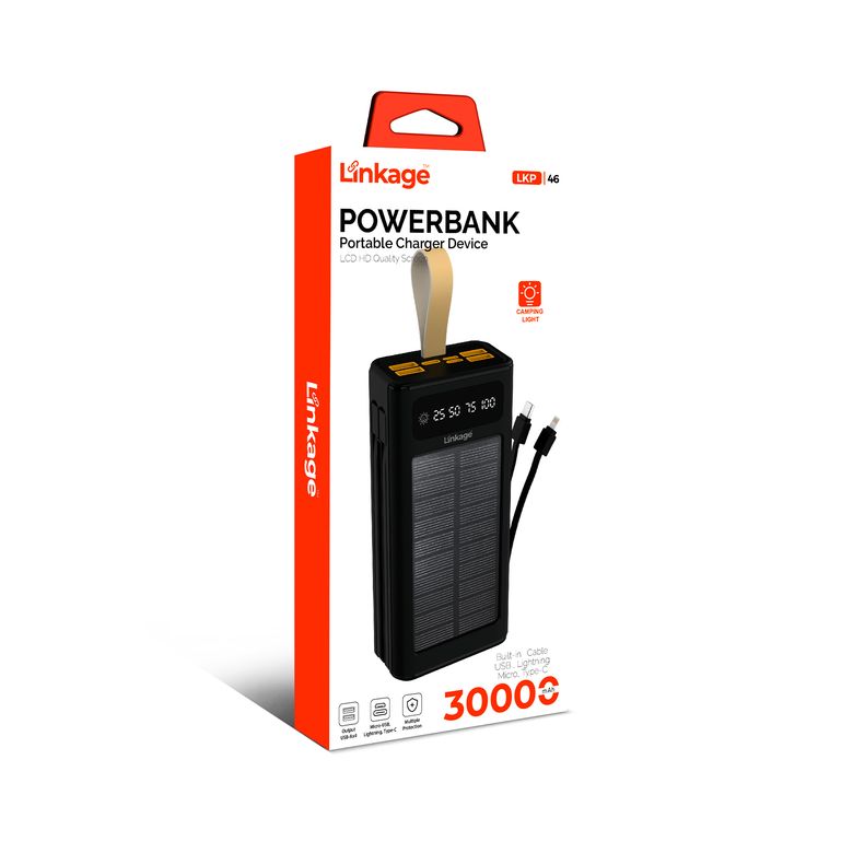 Linkage 30000 Mah 4Xusb Lcd Ekran, Kamp Işıklı Dahili Usb, Lightning Type-C, Güneş Enerjili Powerbank Lkp-46