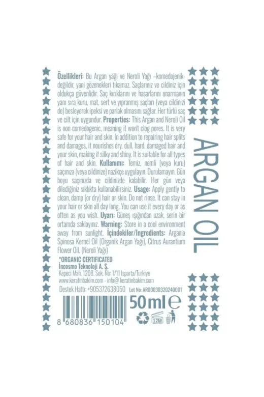 Liquid Keratin ARG-50 Organik Argan Yağı (50Ml)