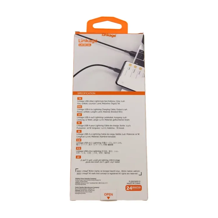 LKCB-34v Linkage Lkcb-34 Şarj Kablosu 12W 2.4A, Usb-A To Lightning 1.2 Metre Şarj Kablo