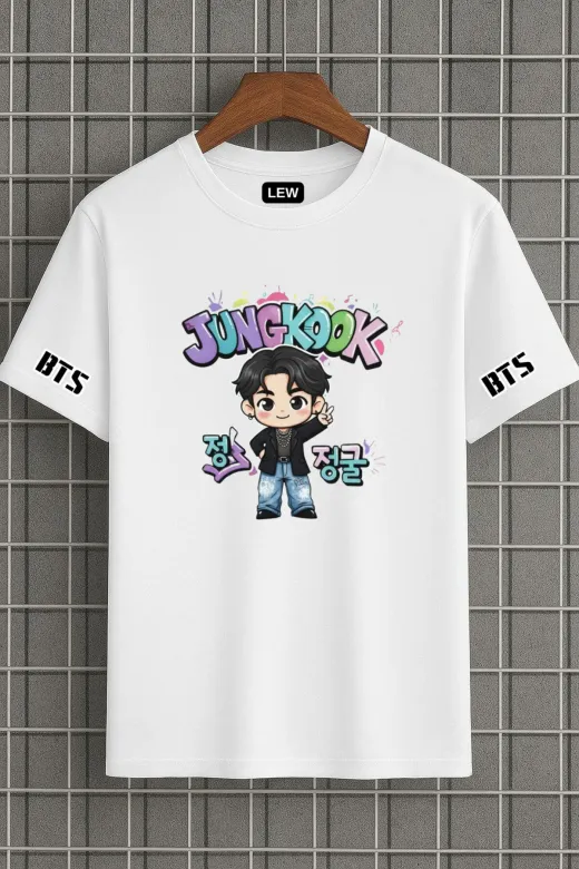lovver BTSSS1 Bts Grup Jungkook Anime Tasarımlı Premium Baskılı Pamuklu Kol Detaylı Tişört