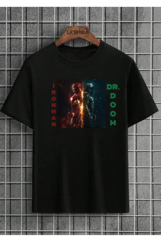 lovver II4 Lewibafashion Marvel Dr.doom İronman Tasarimli Oversize Siyah T-Shirt